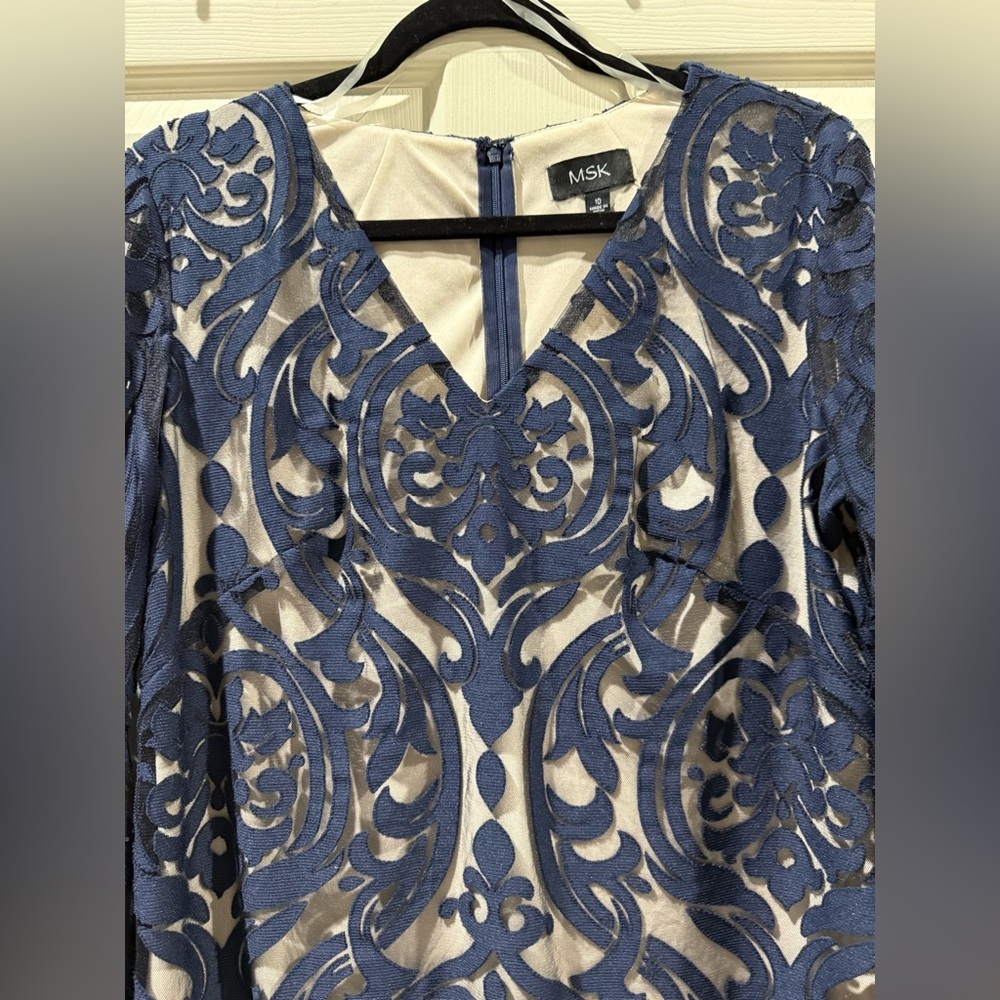 MSK Navy Blue Patterned bell Sleeve Dress with nude lining - Picture 2 of 9